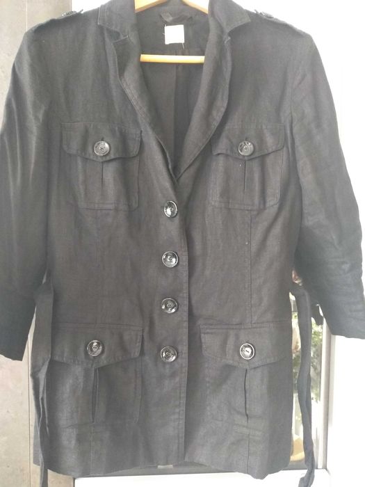 długa marynarka żakiet czarny rękaw 3/4 lniany len 100% camaieu pasek