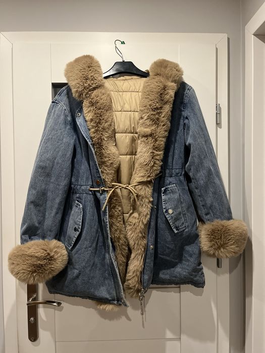 Dwustronna kurta zimowa ocieplana jeansowa parka beżowa puchowa ciepła