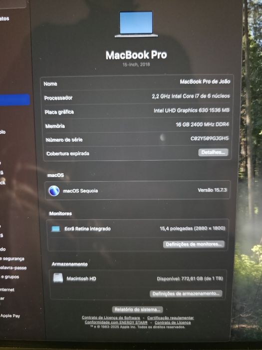 MacBook Pro 15 polegadas (modelo A1990) - Intel Core I7 | 16GB Ram | 1TB memória