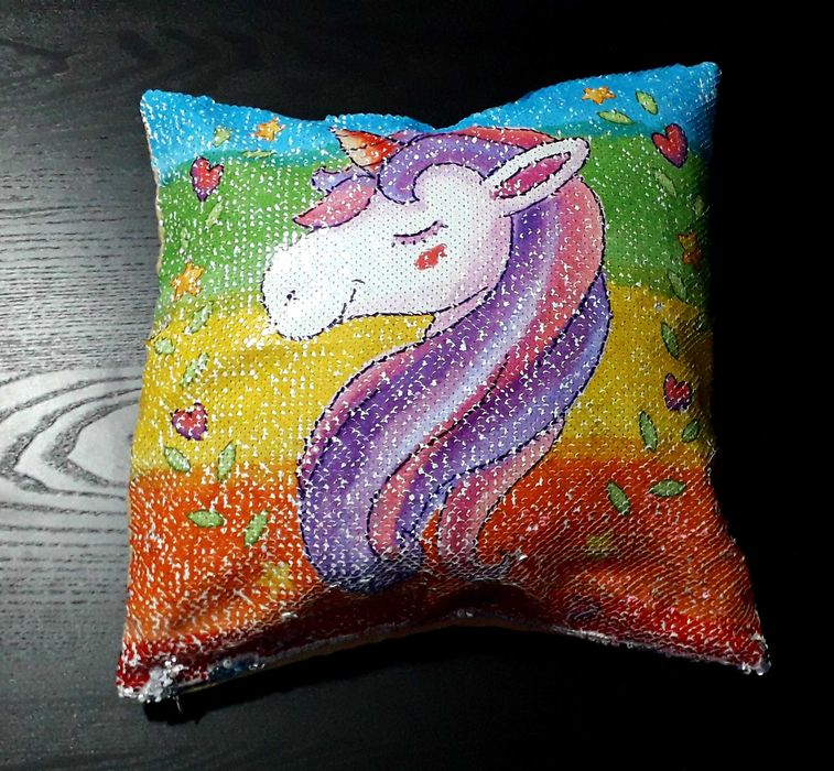 Almofada decorativa de unicórnio com lantejoulas para criança