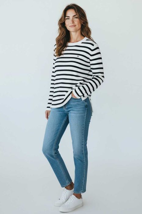 H7 dopasowany sweter damski Tommy Hilfiger elegancki paski prążek S 36