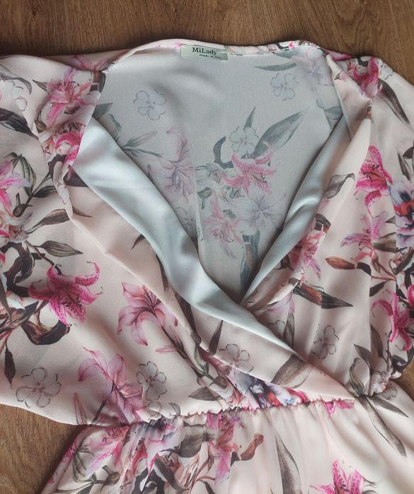 Sukienka Kimono 36 S Made Italy w kwiaty Mi Lady pudrowa różowa