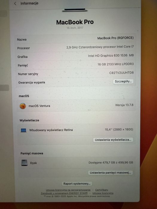 MacBook Pro 15” 2017 i7 16GB 512GB Retina + pudełko | stan bdb