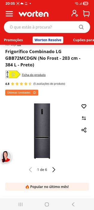Frigorífico Combinado LG GBB72MCDGN (No Frost - 203 cm - 384 L - Preto)