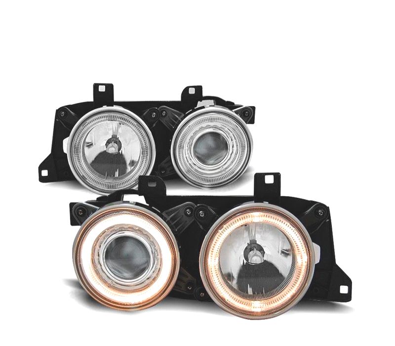 FARÓIS ANGEL EYES BMW E34 E32 FUNDO CROMADO