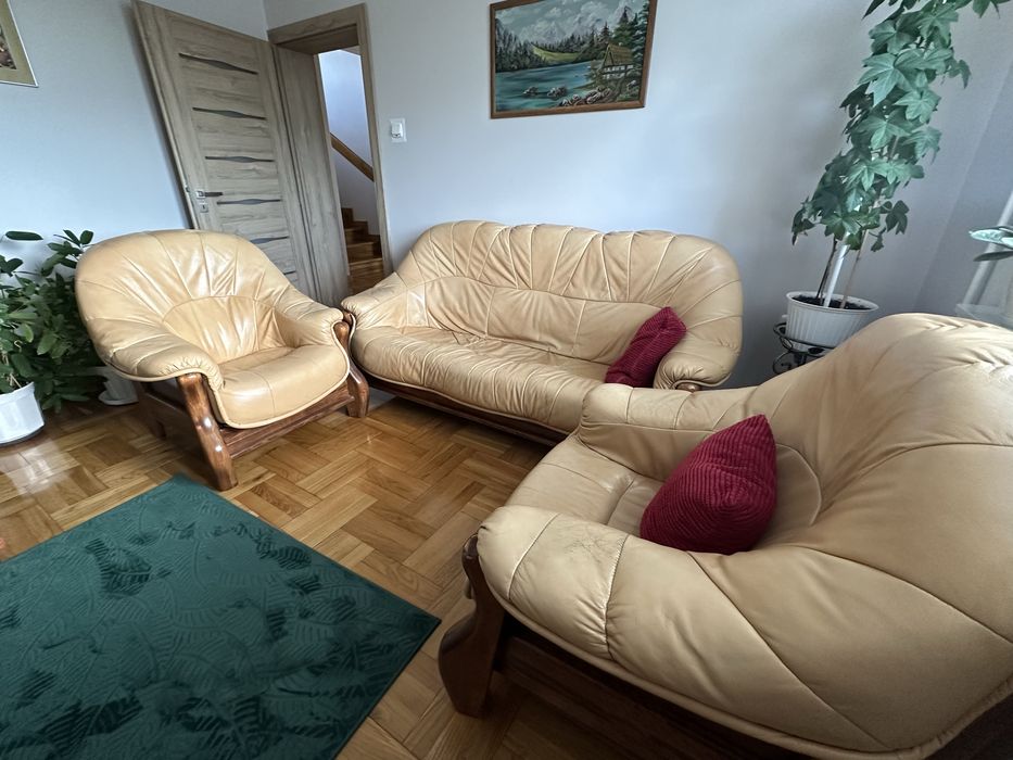 Wypoczynek do salonu, sofa + dwa fotele, skóra