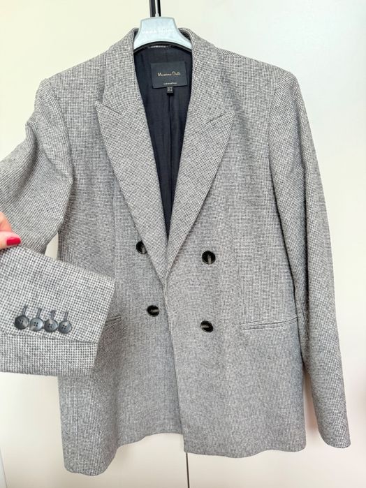 Massimo Dutti Wełniana marynarka żakiet w pepitkę Szara 40L
