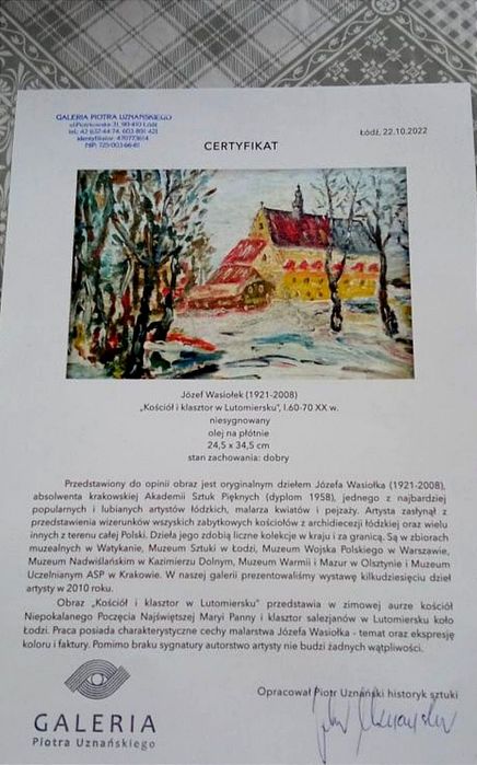 Klasztor w Lutomiersku Certyfikat.