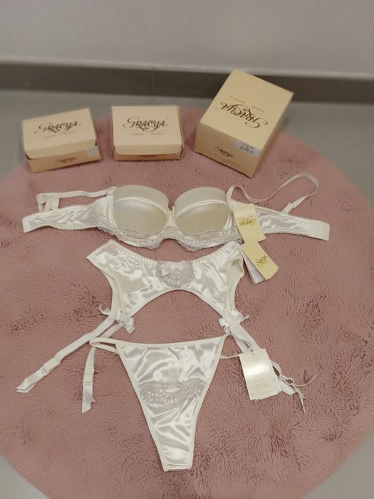 Komplet ślubny ecru krem Gracya biustonosz 75A pas stringi M Rococo