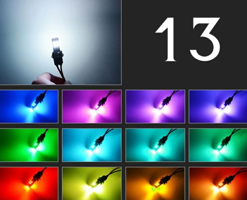 Светодиодные лампы габаритов RGB LED T10 W5W пульт 12 цвет+бел +строб