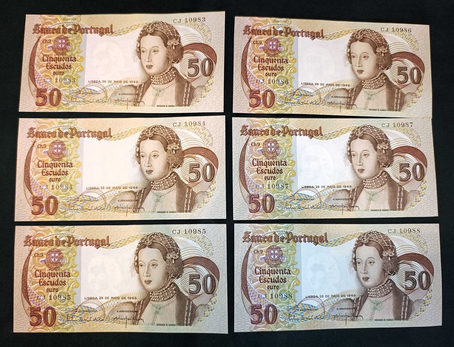 Lote de 9 Notas de 50 Escudos 1968 (Infanta D. Maria) – Estado Soberbo