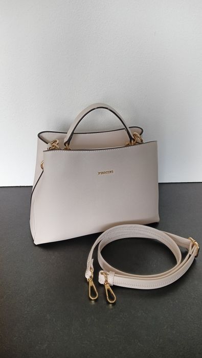 Torba torebka kuferek Puccini skórzana beżowa złota