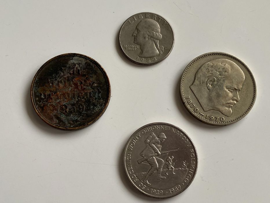 1 rubel , odznaczenie III Rzesza , 500 zł 1989r , 25 centów 1983