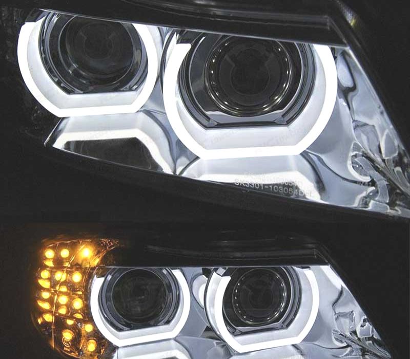 FARÓIS ANGEL EYES AFS U 3D XENON LED BMW E90 E91 LCI 08-12 FUNDO CROMADO