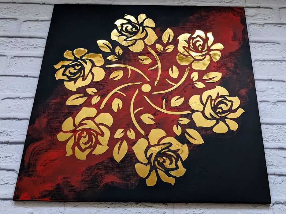 Картина золотая роза, панно из металла, зеркальное панно, арт металл