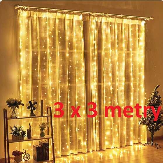 kurtyna świetlna 3x3m led biały ciepły z pilotem i haczykami 300led