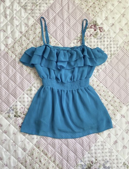 Niebieski top na ramiączka S 36 H&M mesh falbanki 00s
