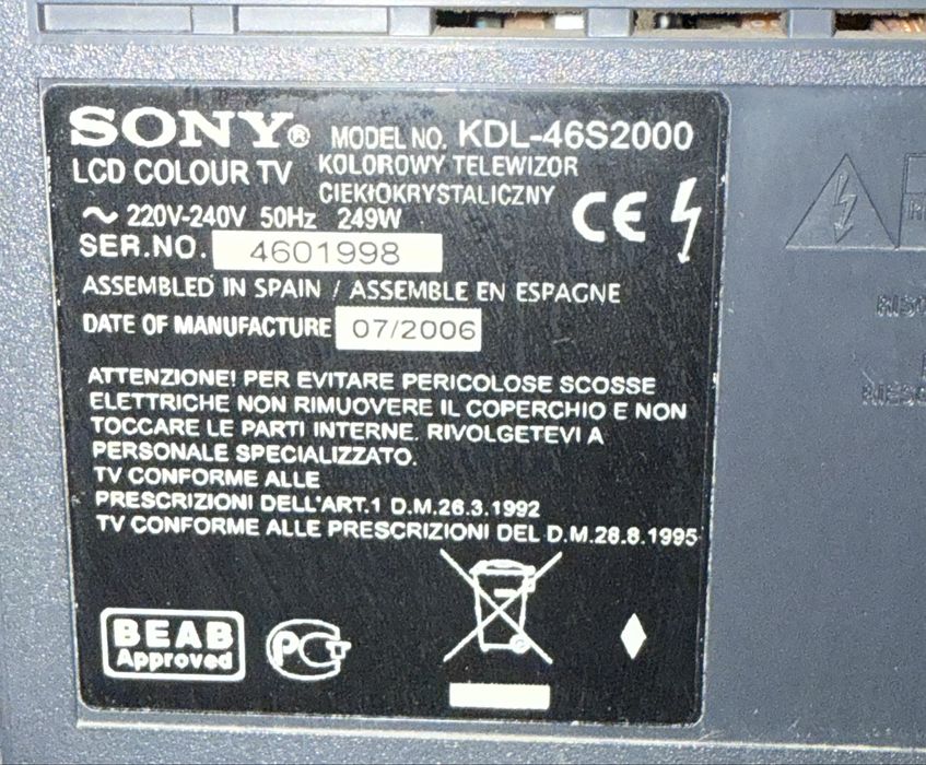 Telewizor Sony 46” LCD KDL-46S2000 – sprawny, pilot w zestawie