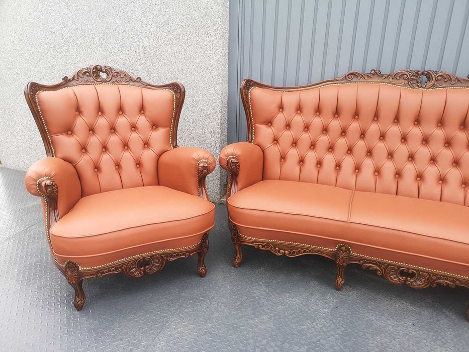 Cudowny komplet po renowacji! Koniakowa skóra! Sofa i dwa fotele!