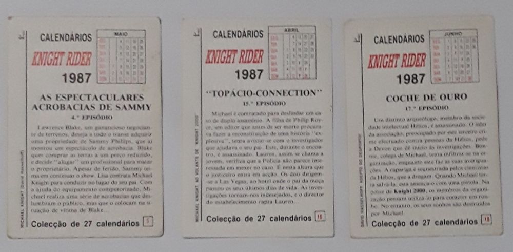 Calendários de bolso Knight Rider - ano 1987