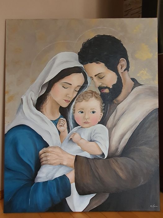 Duży ręcznie malowany obraz Świętej Rodziny, 80x100 cm, obraz na płótnie, prezent na ślub