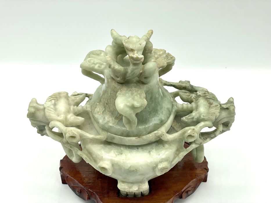 Defumador, incensario em pedra jade, dragões, oriental, chinês