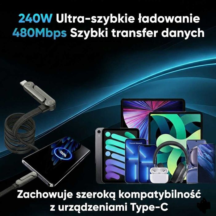 Mocny Kabel USB-C 240W 1,5m Smartfon Laptop Tablet Telefon Podstawka