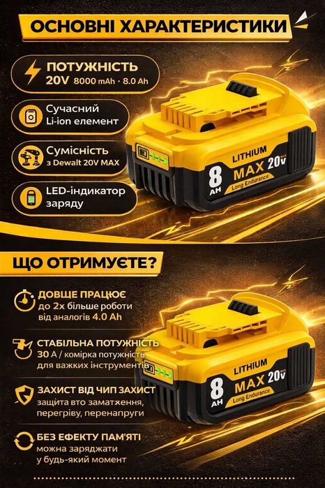 Батарея 8Ah 20V MAX для DeWalt XR Змінний акумулятор для DCB205/DCB206