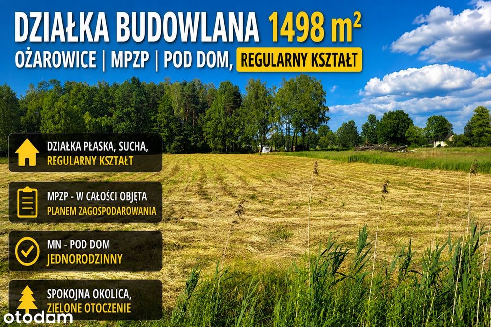 Działka budowlana 1500 m²|Regularny kształt pod dom|  Ożarowice| MPZP