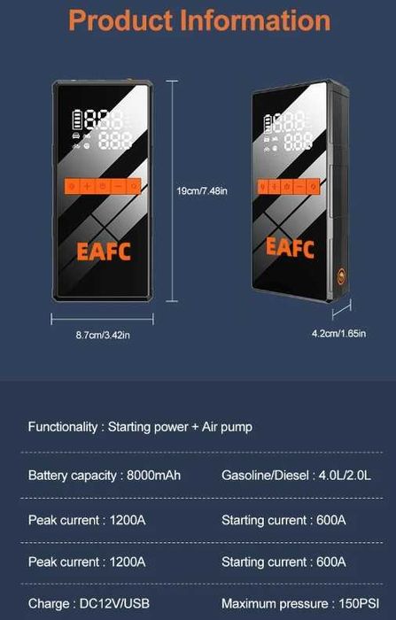 Booster Arrancador  12v 1200A, Bomba de AR, Lanterna, PowerBank, Bolsa