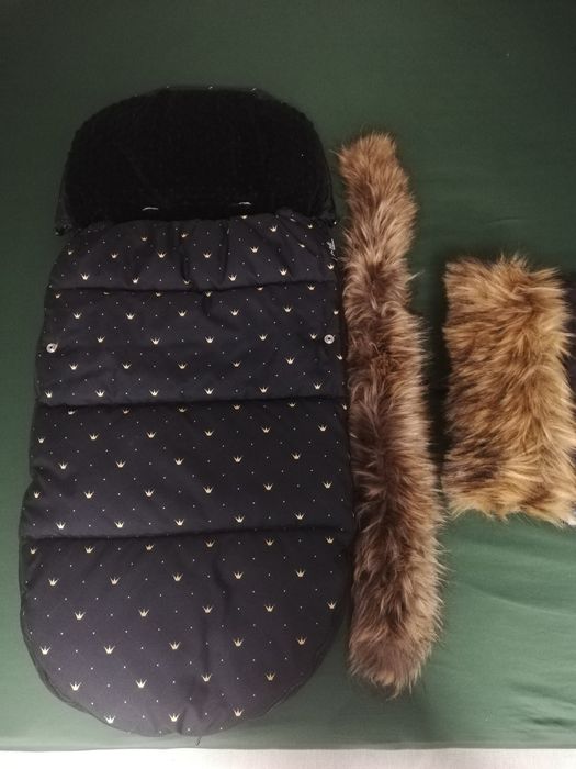 Sprzedam śpiworek do wózka w kolorze czarnym z motywem + mufka