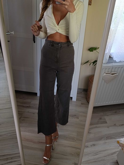 Spodnie brązowe 7/8 rozszerzane wysoki stan xs s
