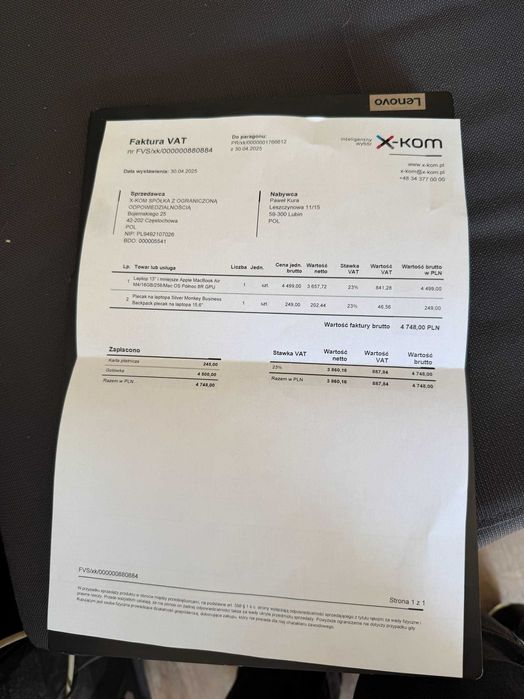 Macbook Air M4 13" 16/256 nieużywany
