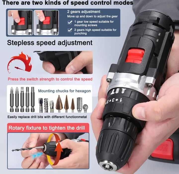 3w1 Wiertarka Wkrętarka Udarowa Śrubokręt z 2 Akumulatorami