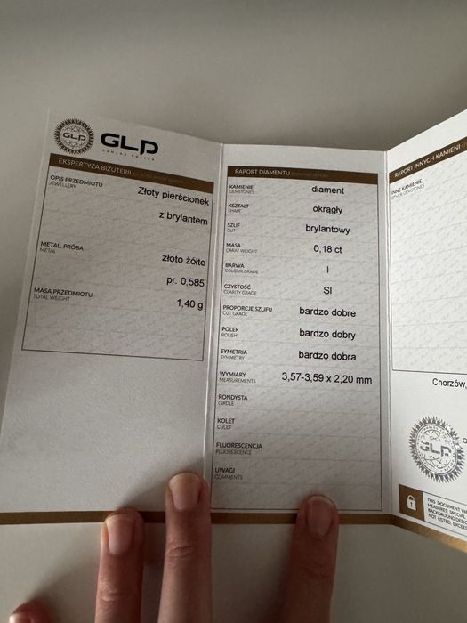 Złoty pierscionek zaręczynowy brylant 0.18ct