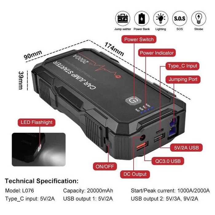 Booster Arranque Baterias 12V  2000A Power Bank USB/20.000mAh (NOVO)