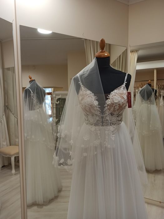 Nowy welon krótki długi koronka kwiatki  3d ivory ecru