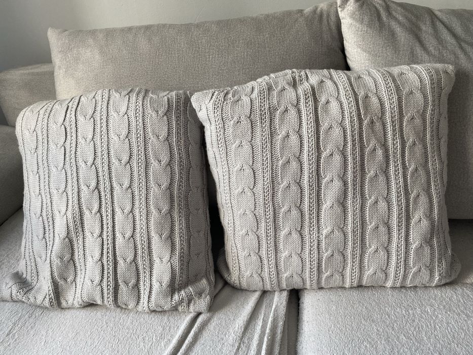 Komplet koc i dwie poduszki sweterkowe plecione warkocz szary