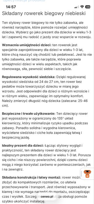 Rowerek biegowy Costway