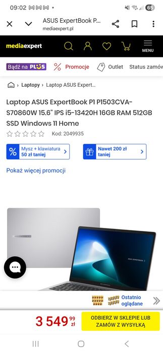 LAPTOP ASUS P1503CVA-S70860W nowy