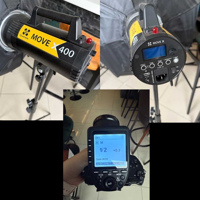 2 lampy błyskowe Quadralite Move X400/Nadajnik Quadralite Navigator X2