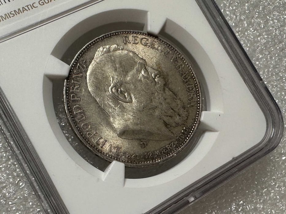 Срібна монета 3 марки Німецька імперія Баварія 1911 Луітпольд NGC MS-64