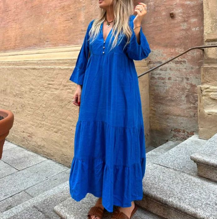 Zara kobaltowa dluga maxi boho sukienka len wiskoza