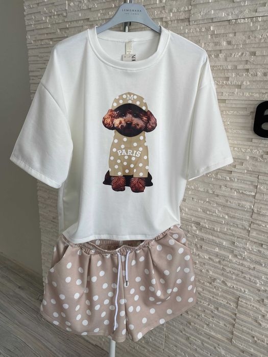Nowy komplet set spodenki kropki grochy bluzka Pudel dog