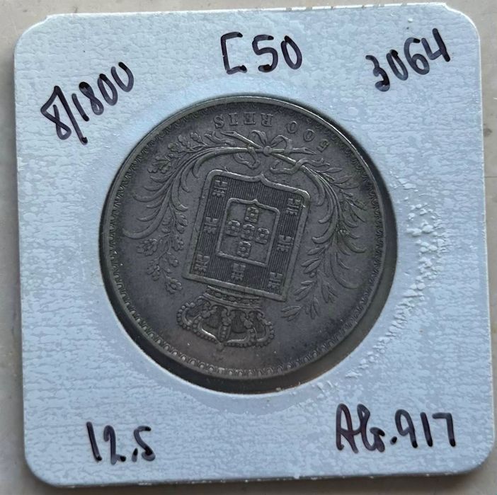 500 Reis Portugal – Luís I – 1887 – Moeda de Prata Antiga KM#509