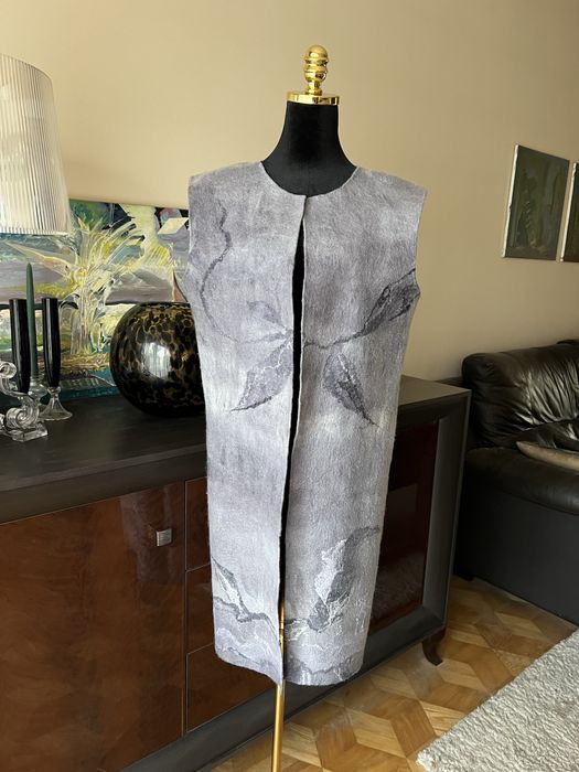 Fioletowa, szara, wełniana, długa kamizelka, wełna, filc