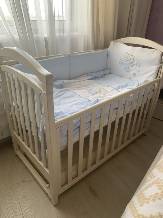 Дитяче ліжко Верес Соня з маятником та шухлядою, матрас та текстиль