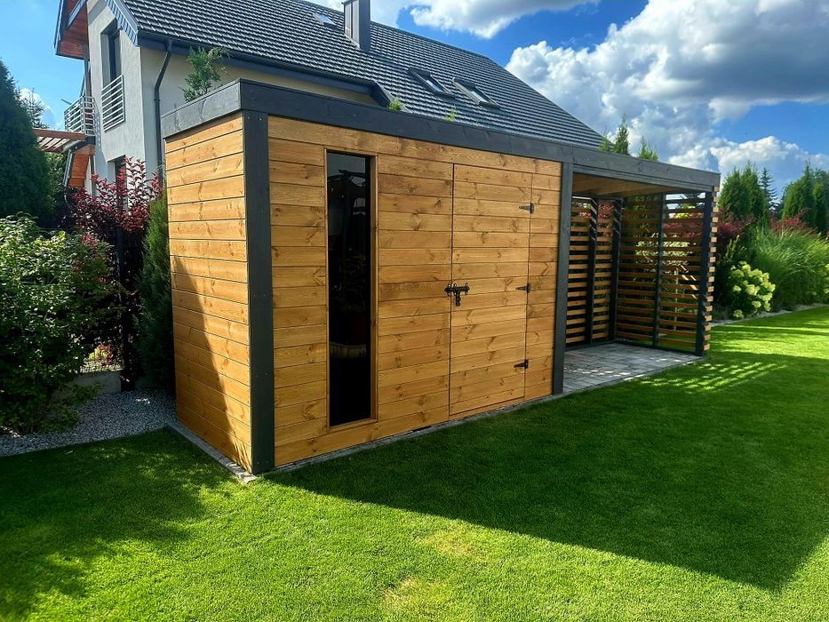 Nowoczesny Drewniany Domek Narzędziowy z wiatą VESTA 2x6m