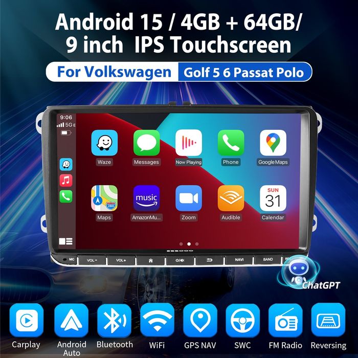 Магнітола Essgoo 4+64gb на Volkswagen Passat,tiguan,caddy,touran,golf,polo