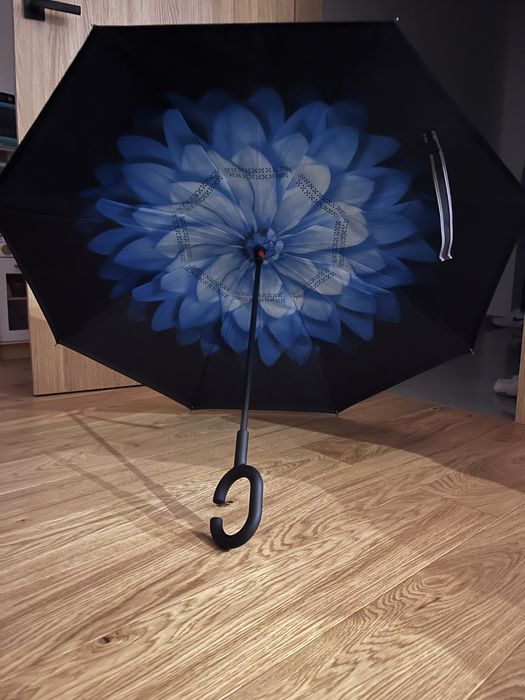 Parasol odwrócony "Revers" z podwójnym materiałem niebieski kwiat